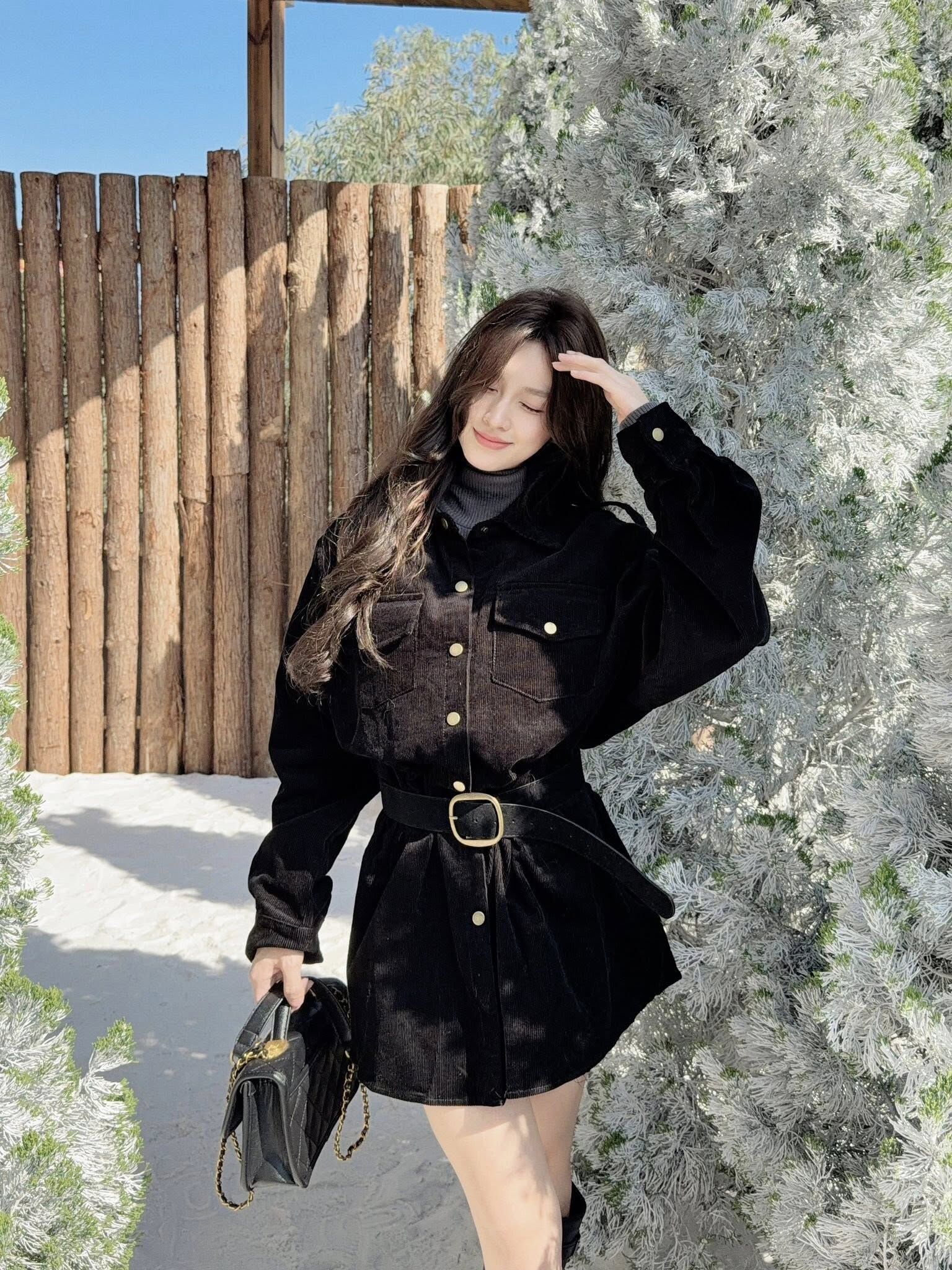 韓系重工燈芯絨附腰帶洋裝💗