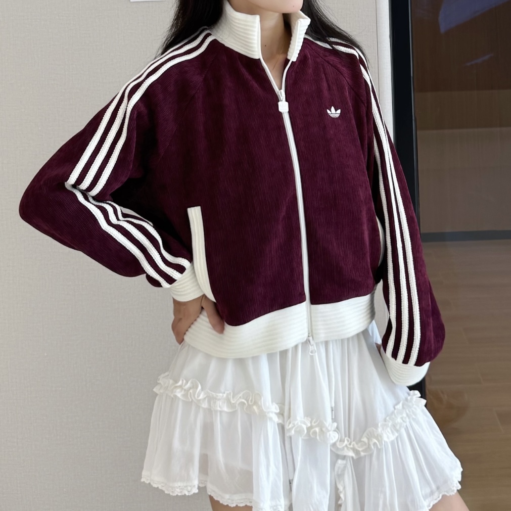 ADIDAS ORIGINALS 酒紅色 短版外套 燈芯絨 三葉草 秋冬服飾 KS0400