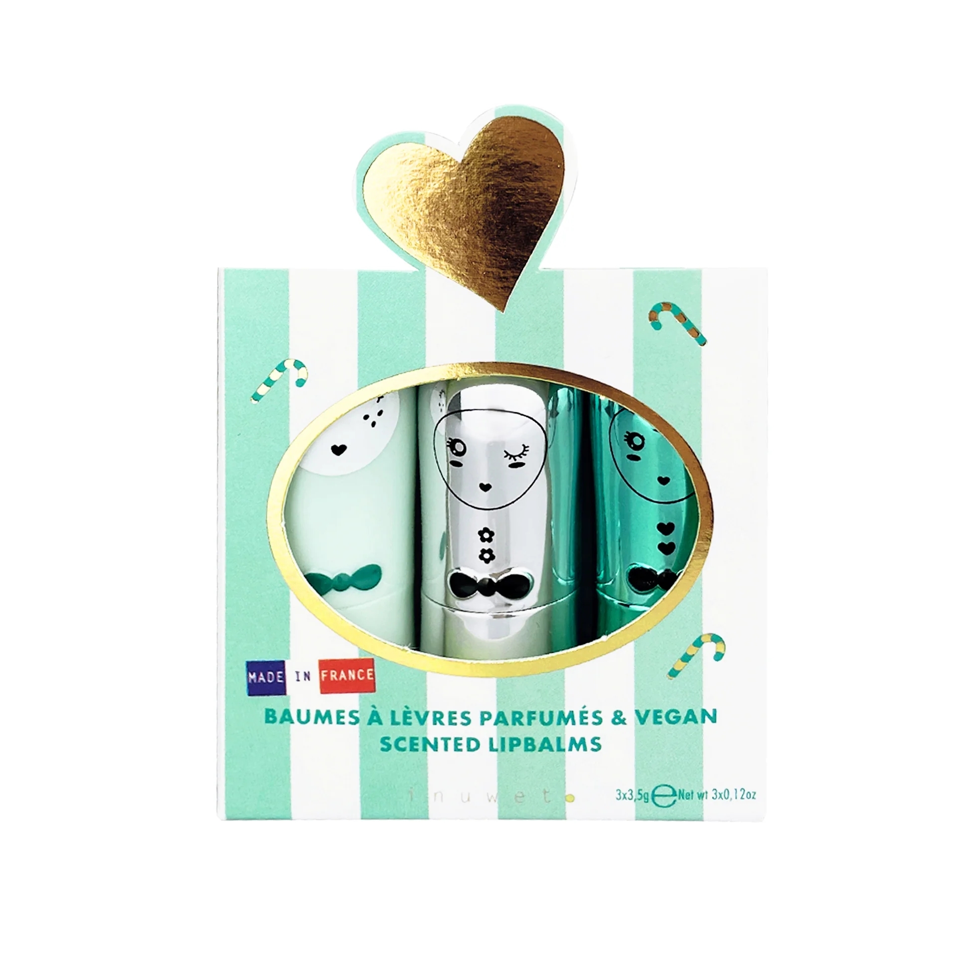 〖 inuwet 〗愛心拐杖糖潤唇膏三入組（蘋果/椰子/蛋糕）