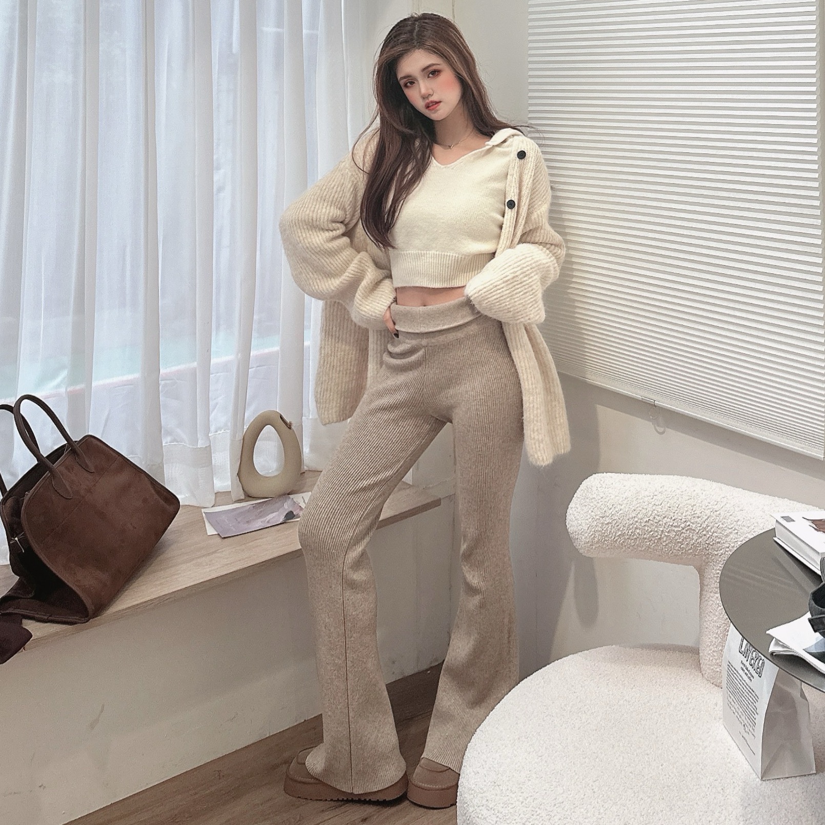 反摺褲頭針織喇叭褲/四色