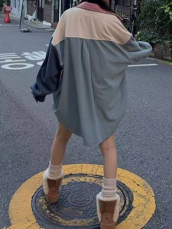 拚色口袋燈芯絨襯衫