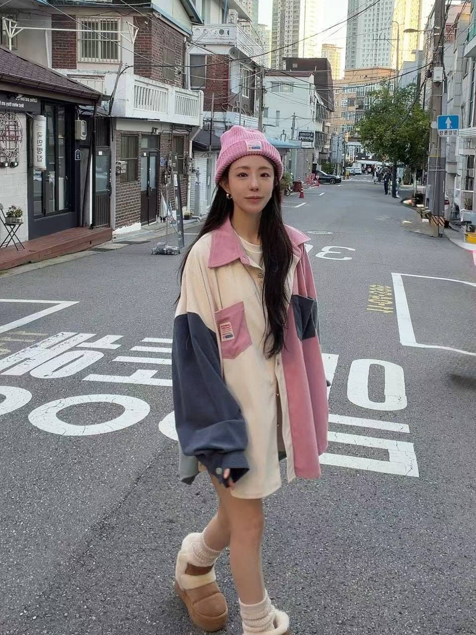 拚色口袋燈芯絨襯衫