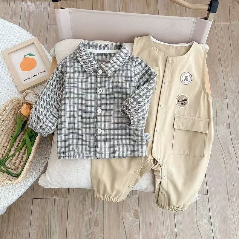 格子吊帶爬服套裝