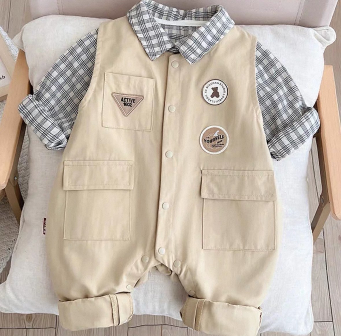 格子吊帶爬服套裝