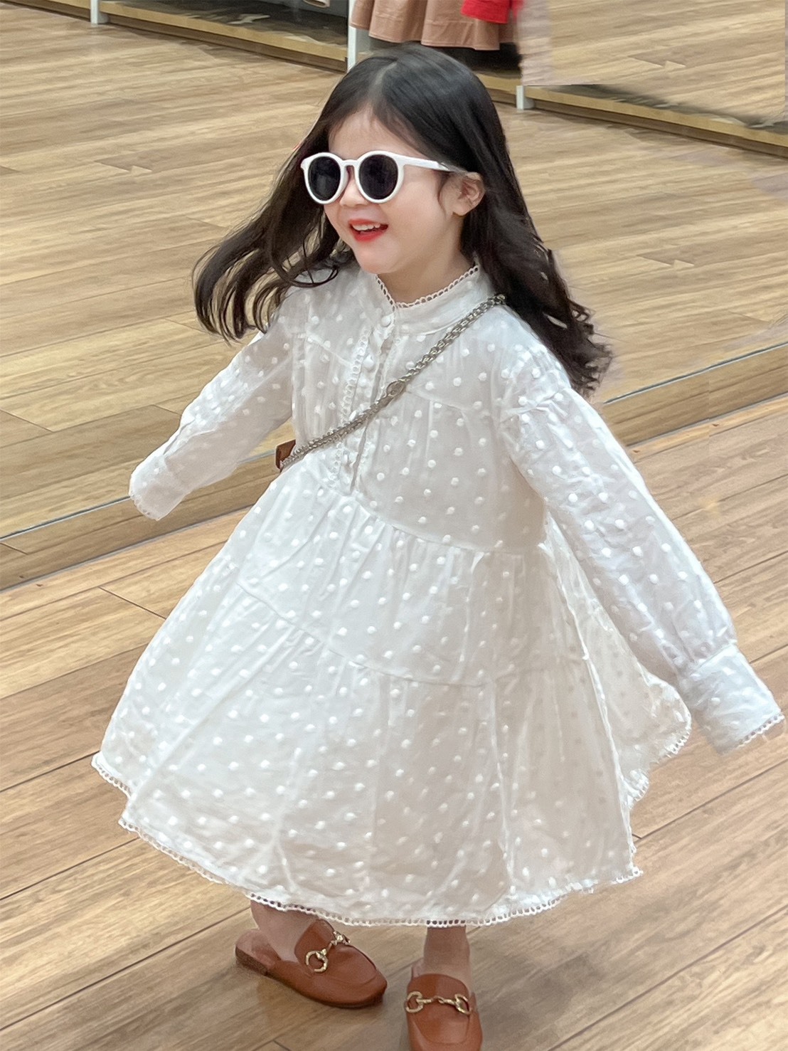 白波點長袖氣質洋裝