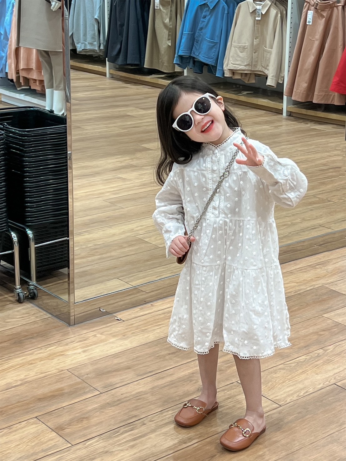 白波點長袖氣質洋裝