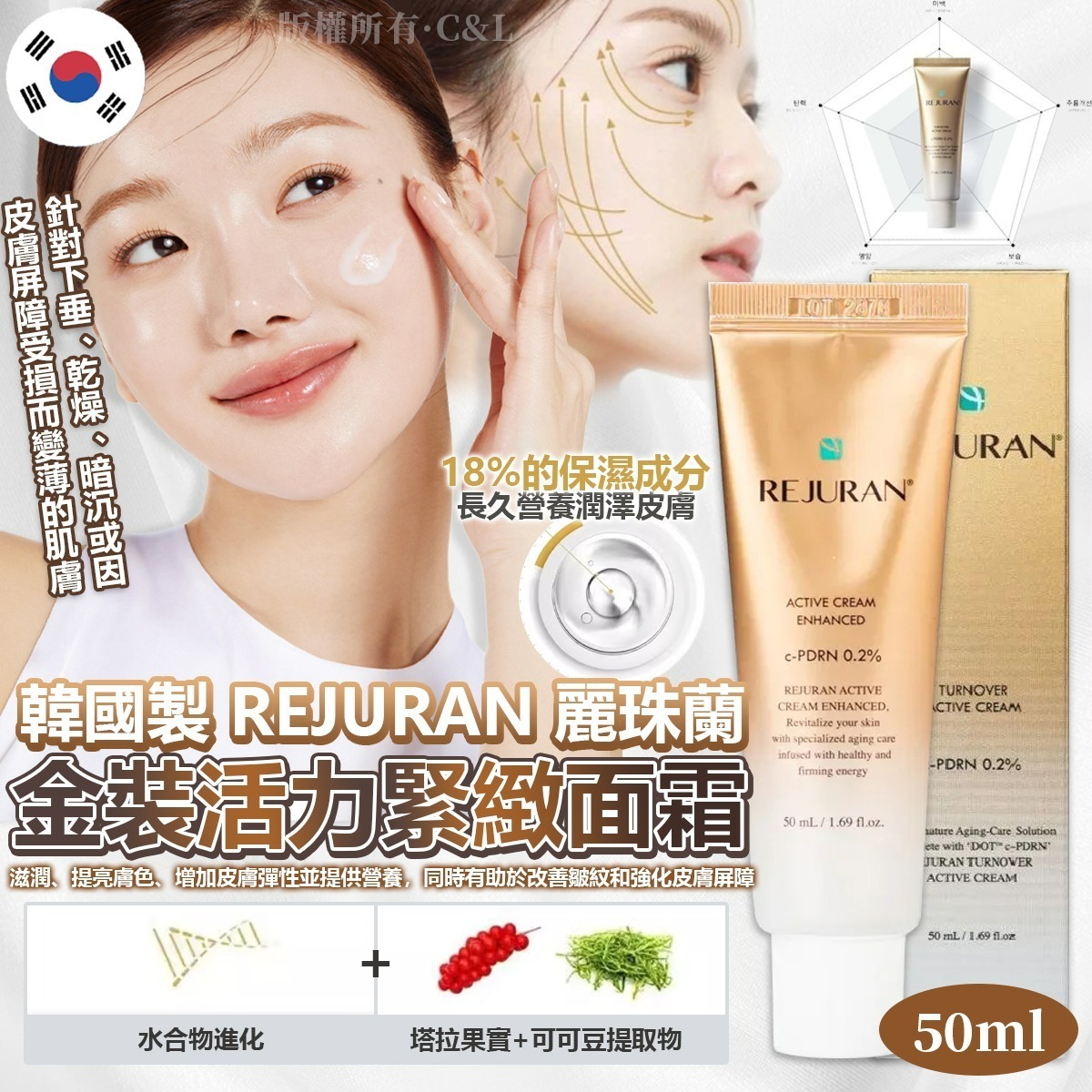 韓國製REJURAN麗珠蘭金裝活力緊緻面霜50ml