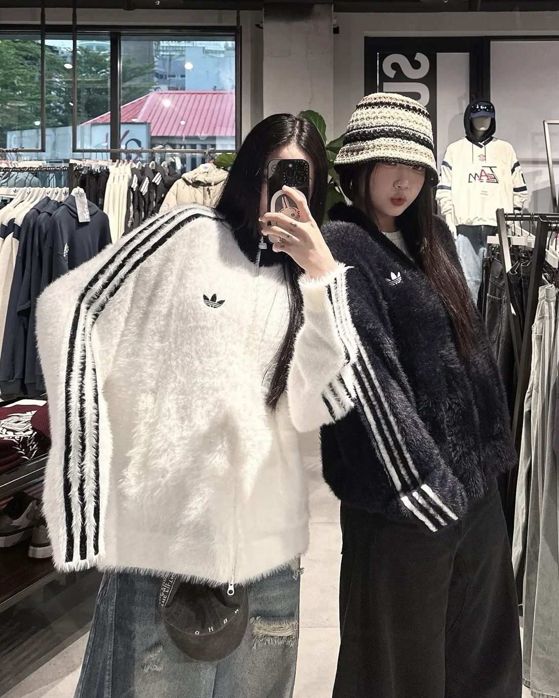 ADIDAS ORIGINALS 毛絨長袖外套 保暖 雙拉鍊 黑色 白色 男女同款