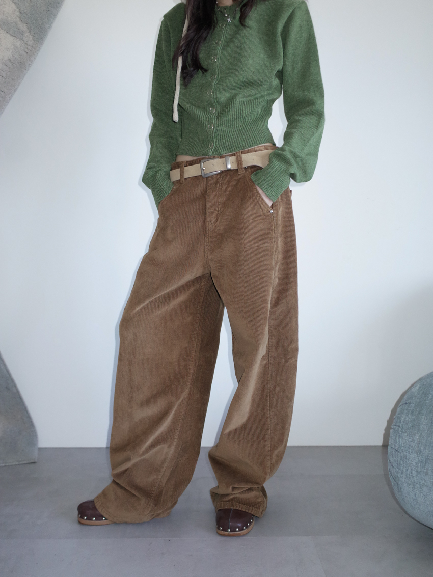 wood-tone brushed corduroy straight wide trousers-CARAMEL