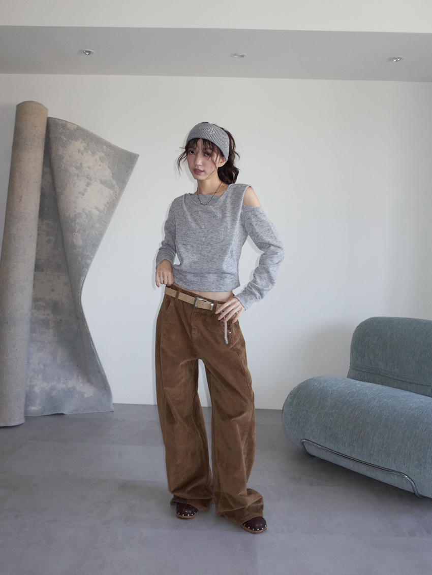 wood-tone brushed corduroy straight wide trousers-CARAMEL