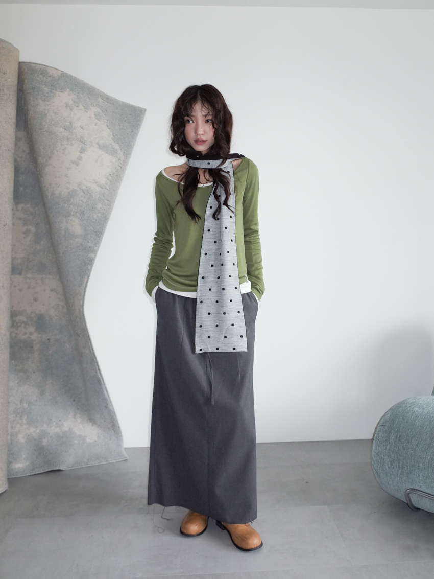 elastic drawstring stripe raw-edge back slit skirt in CHARCOAL