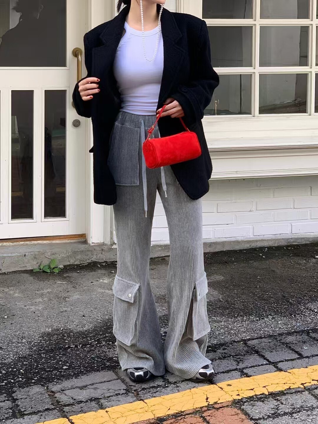 燈芯絨口袋喇叭休閒褲