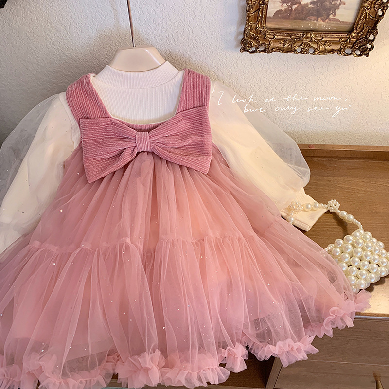 <兩件組> 加絨澎袖上衣+蝴蝶結背心紗裙 粉色 90-140cm #23257