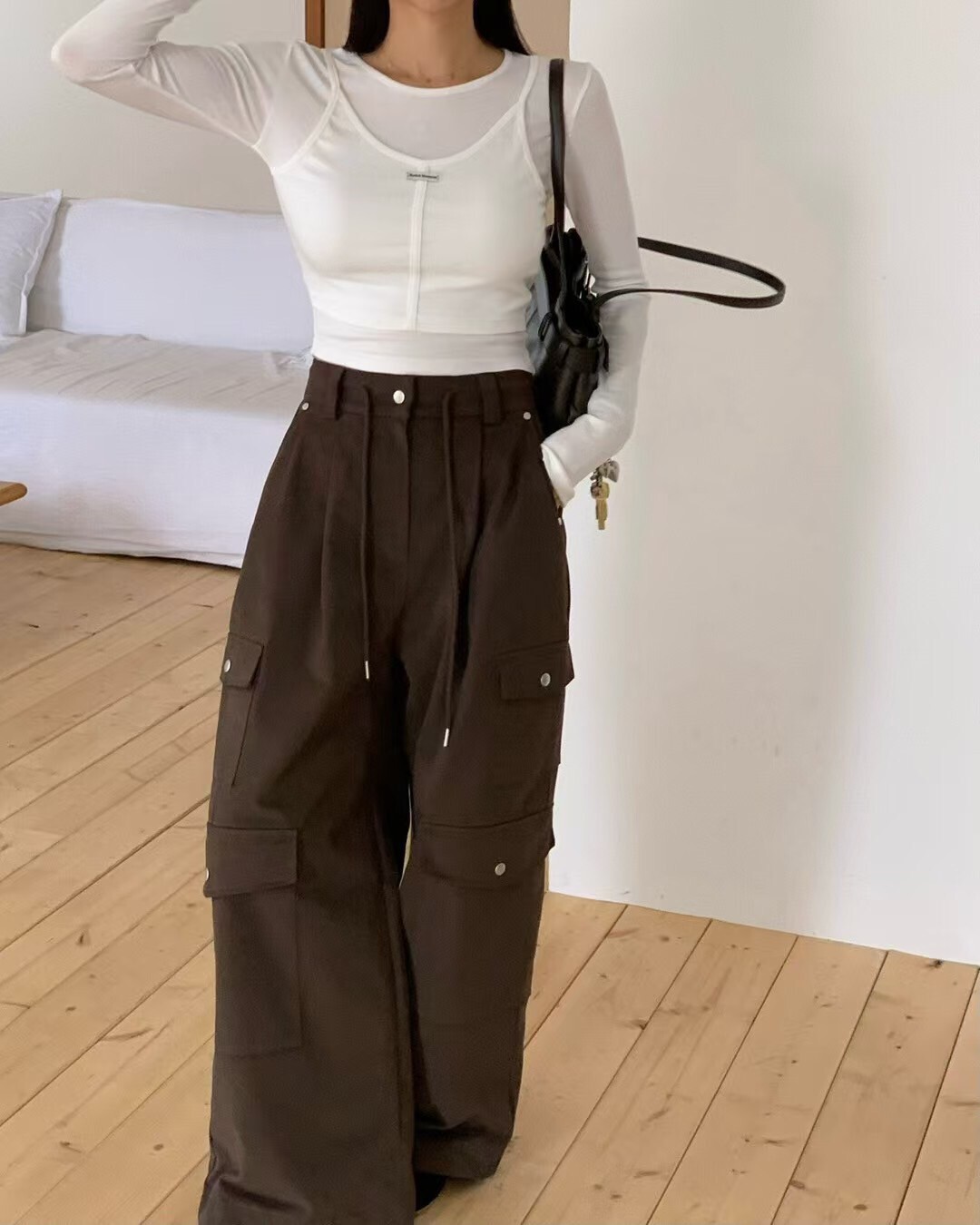 袋蓋綁繩寬長褲