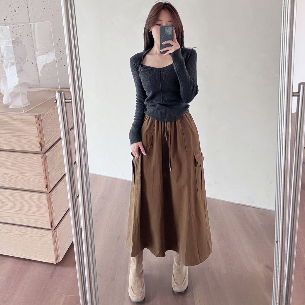 【必買工裝中長裙】DOMISS顯瘦俐落工裝A字中長裙 韓國 長裙-3色(現貨)