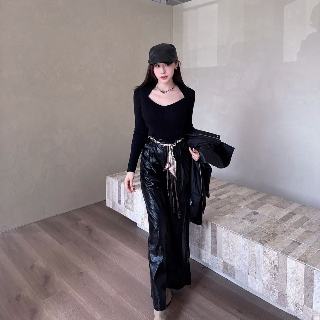 【復古老錢感皮褲】DOMISS絲巾腰帶-高腰皮革寬褲 顯瘦比例神褲 皮長褲