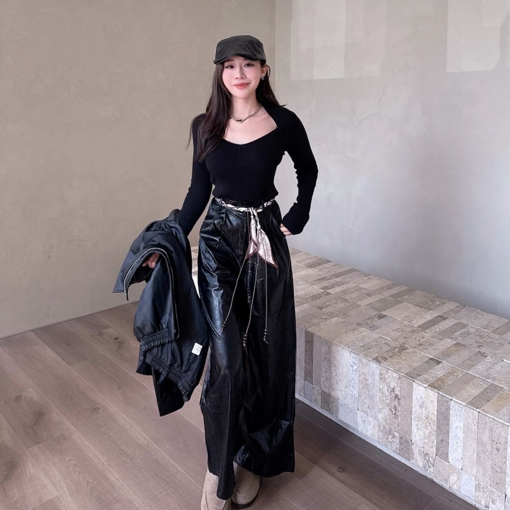 【復古老錢感皮褲】DOMISS絲巾腰帶-高腰皮革寬褲 顯瘦比例神褲 皮長褲