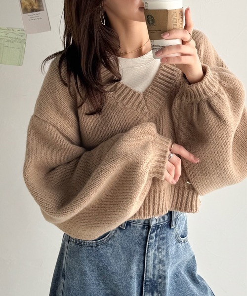 日本網紅聯名款!! 日本🇯🇵連線 Classical Elf x AYA 聯名 可愛蓬蓬袖V領短版針織衫 針織衫 短版 簡約 寬鬆 長袖 3色(任買兩件711免運)/預購