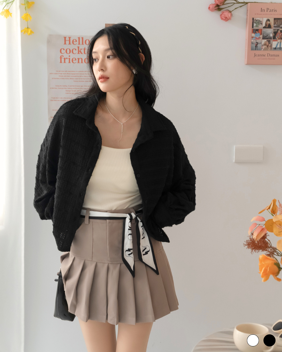 透編感柔毛短版襯衫