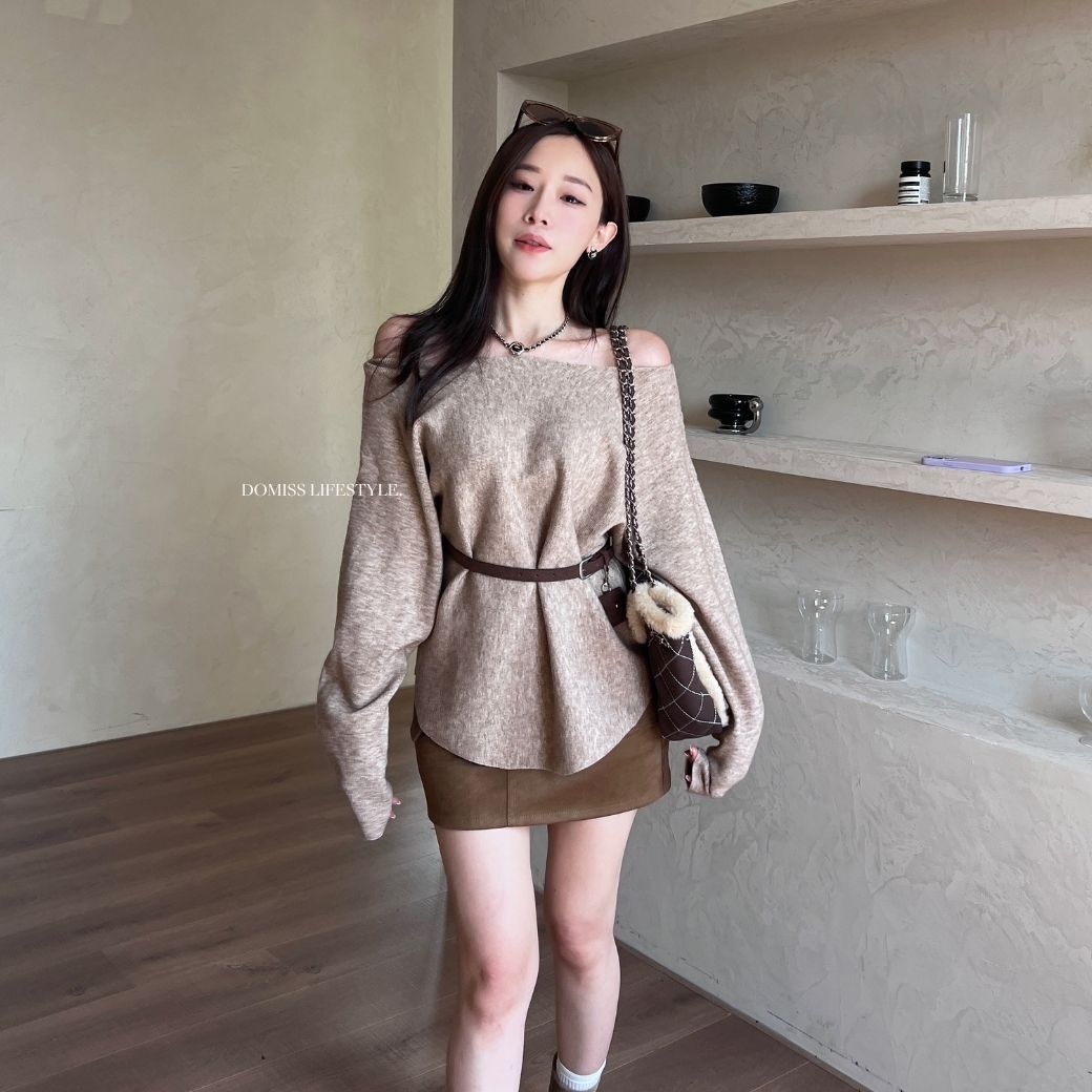 【鬆弛感天菜】DOMISS重磅保暖! 露肩毛衣-附皮帶小包 顯瘦上衣 針織毛衣(現貨)