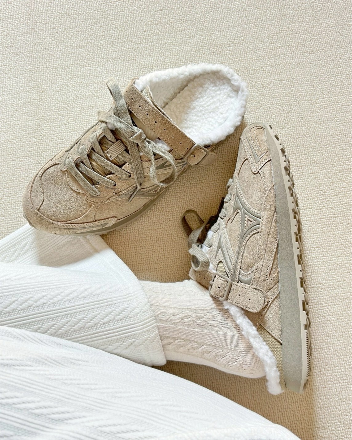 Mizuno LG 60S SLIPPER 保暖 刷毛 加絨 復古 穆勒鞋 懶人鞋 拖鞋 女鞋 奶油灰 棕色