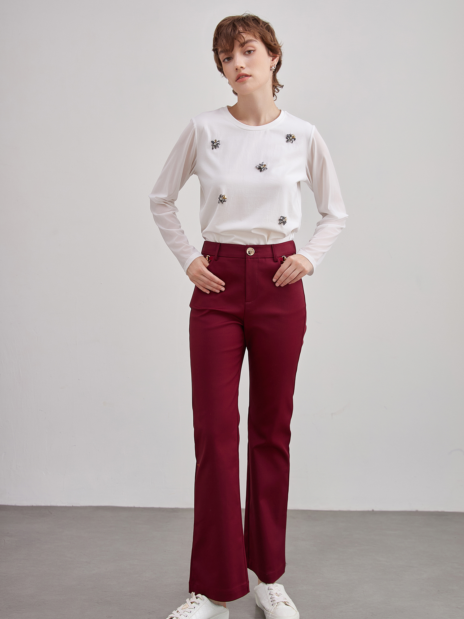 mi-tu 刺绣闪钻圆领上衣