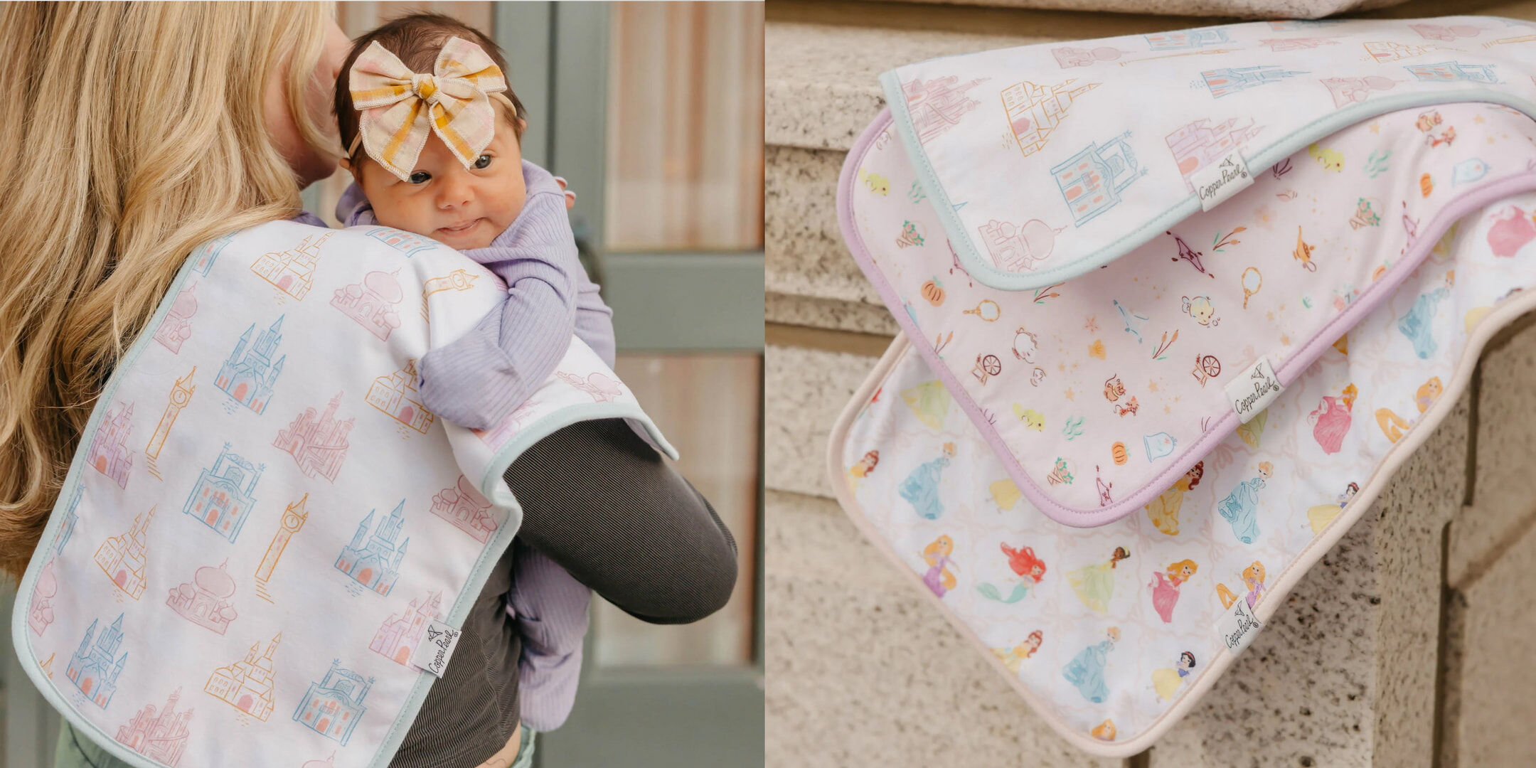 美國Copper Pearl拍嗝巾使用情境，媽媽抱著寶寶搭配迪士尼公主圖案拍嗝巾，展示餵奶後拍嗝照護
