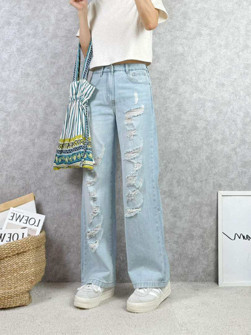 微美式率性風抓破寬褲 ⚡搶手貨 ⚡