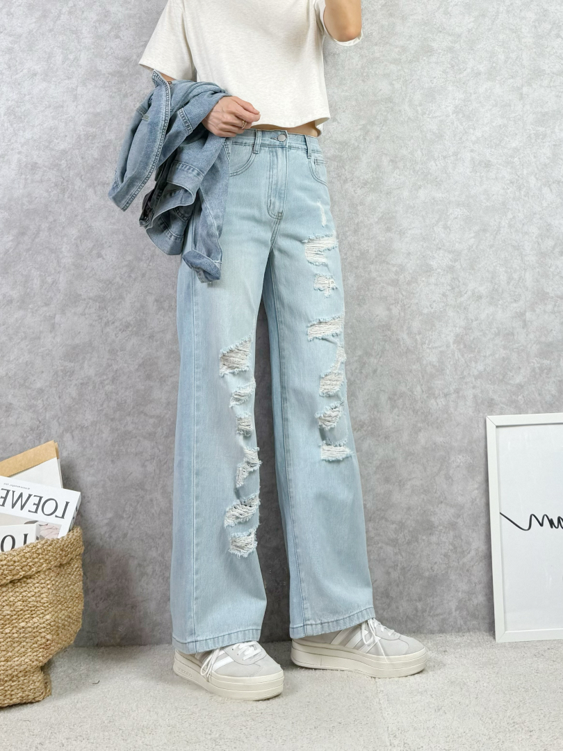 微美式率性風抓破寬褲 ⚡搶手貨 ⚡