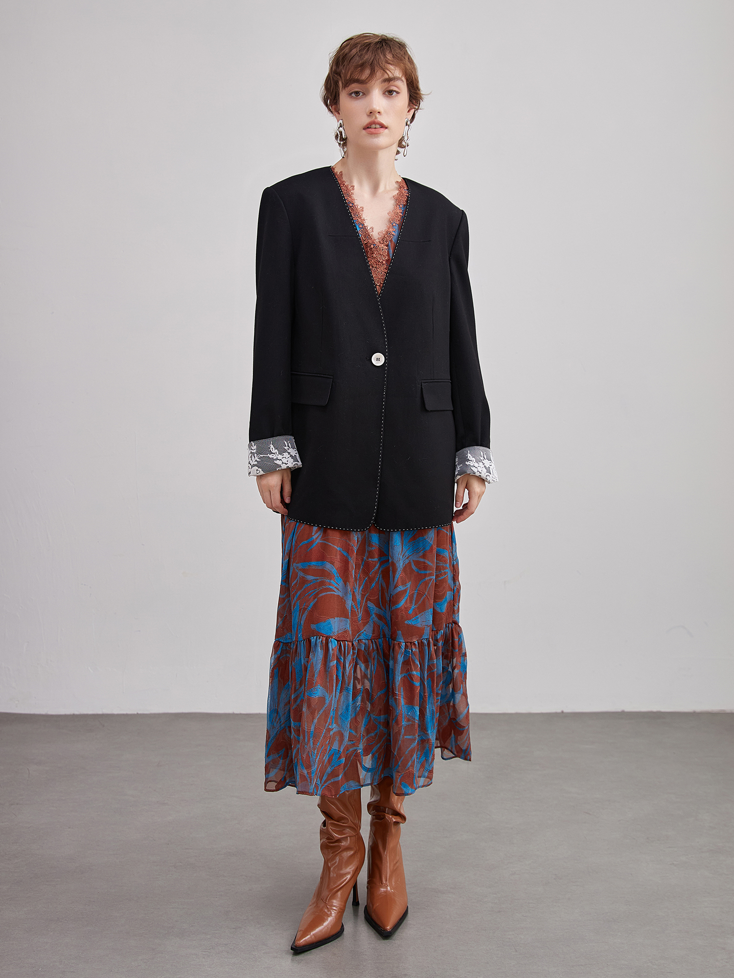 mi-tu 蕾絲拼接西裝外套