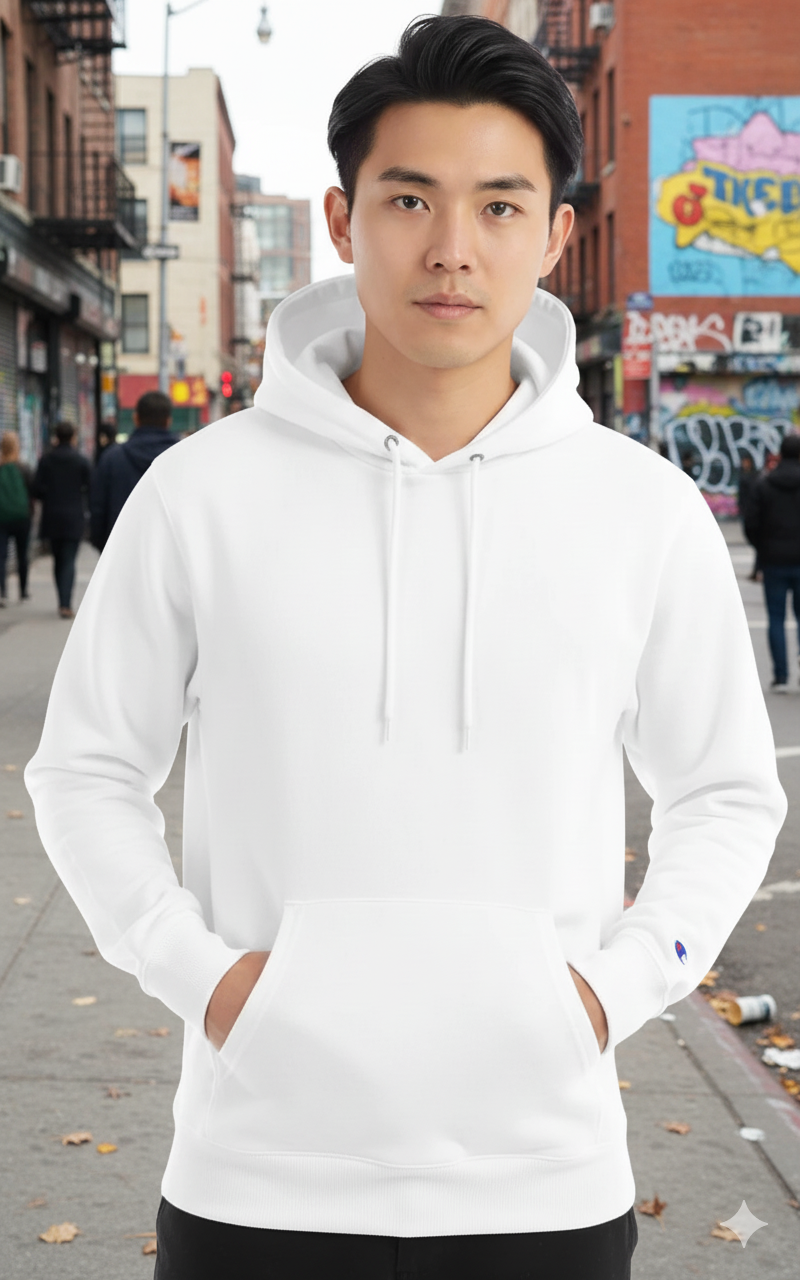 男女款-小C素面內刷毛長袖連帽T重磅9.0-白色 (經典美規連帽T/保暖大尺碼)