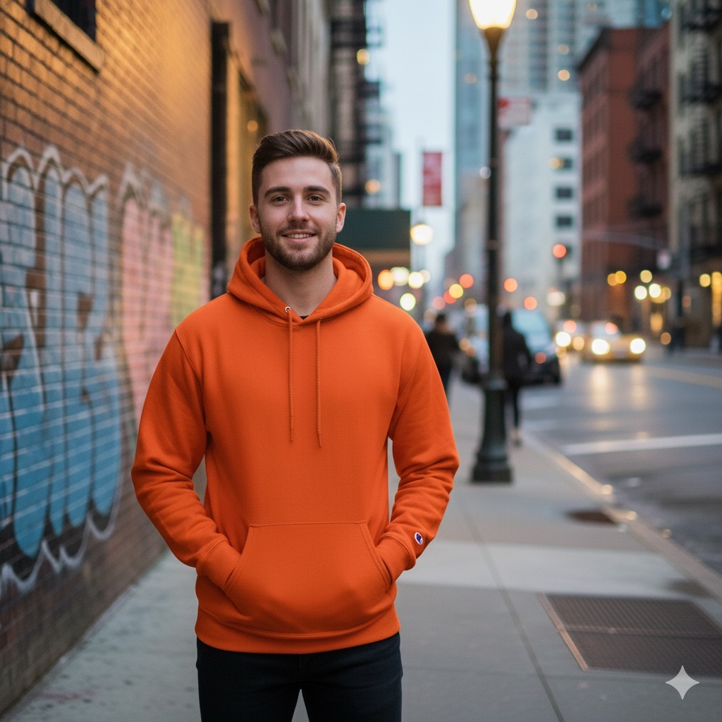 男女款-小C素面內刷毛長袖連帽T重磅9.0-橘色 (經典美規連帽T/保暖大尺碼)