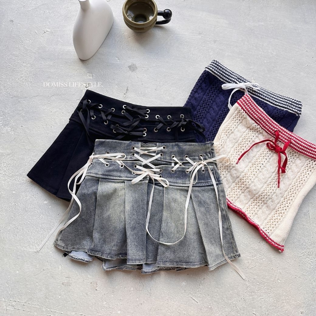 【迷人甜心】DOMISS爆款! 蝴蝶結綁帶短裙 牛仔短褲裙 褲裙 牛仔裙-2色(現貨)