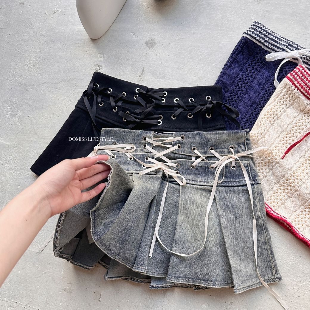 【迷人甜心】DOMISS爆款! 蝴蝶結綁帶短裙 牛仔短褲裙 褲裙 牛仔裙-2色(現貨)