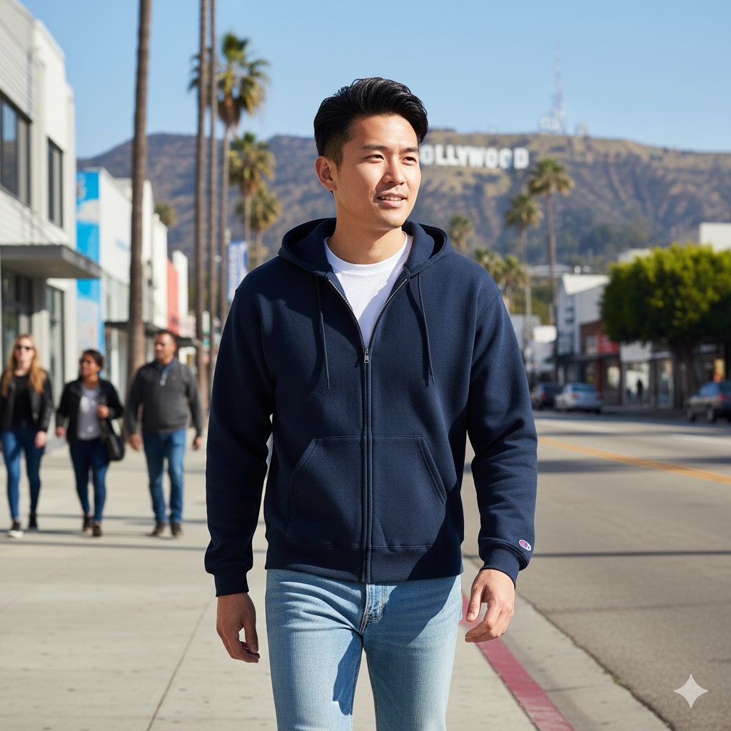 男款-小C素面內刷毛長袖重磅連外套-深藍色 （美規尺寸）