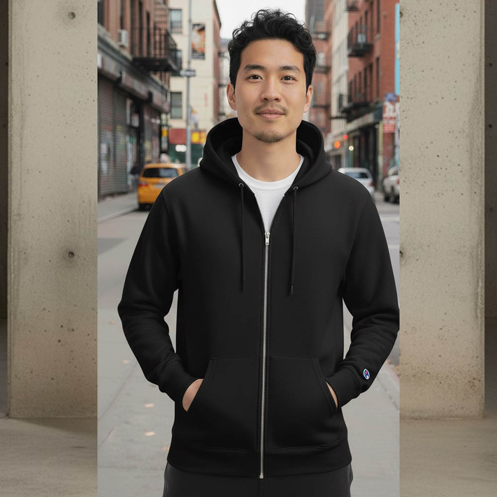 男款-小C素面內刷毛長袖重磅連外套-黑色 （美規尺寸）