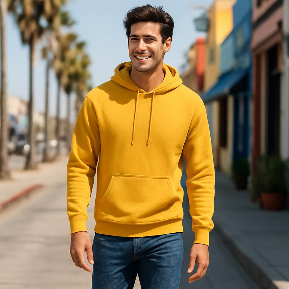 男女款-小C素面內刷毛長袖連帽T重磅9.0-黃色(經典美規連帽T/保暖大尺碼)