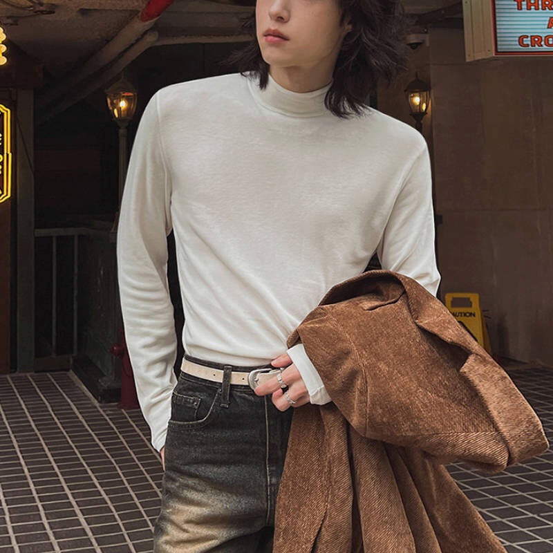韓系簡約風半高領純棉百搭長袖T-Shirt