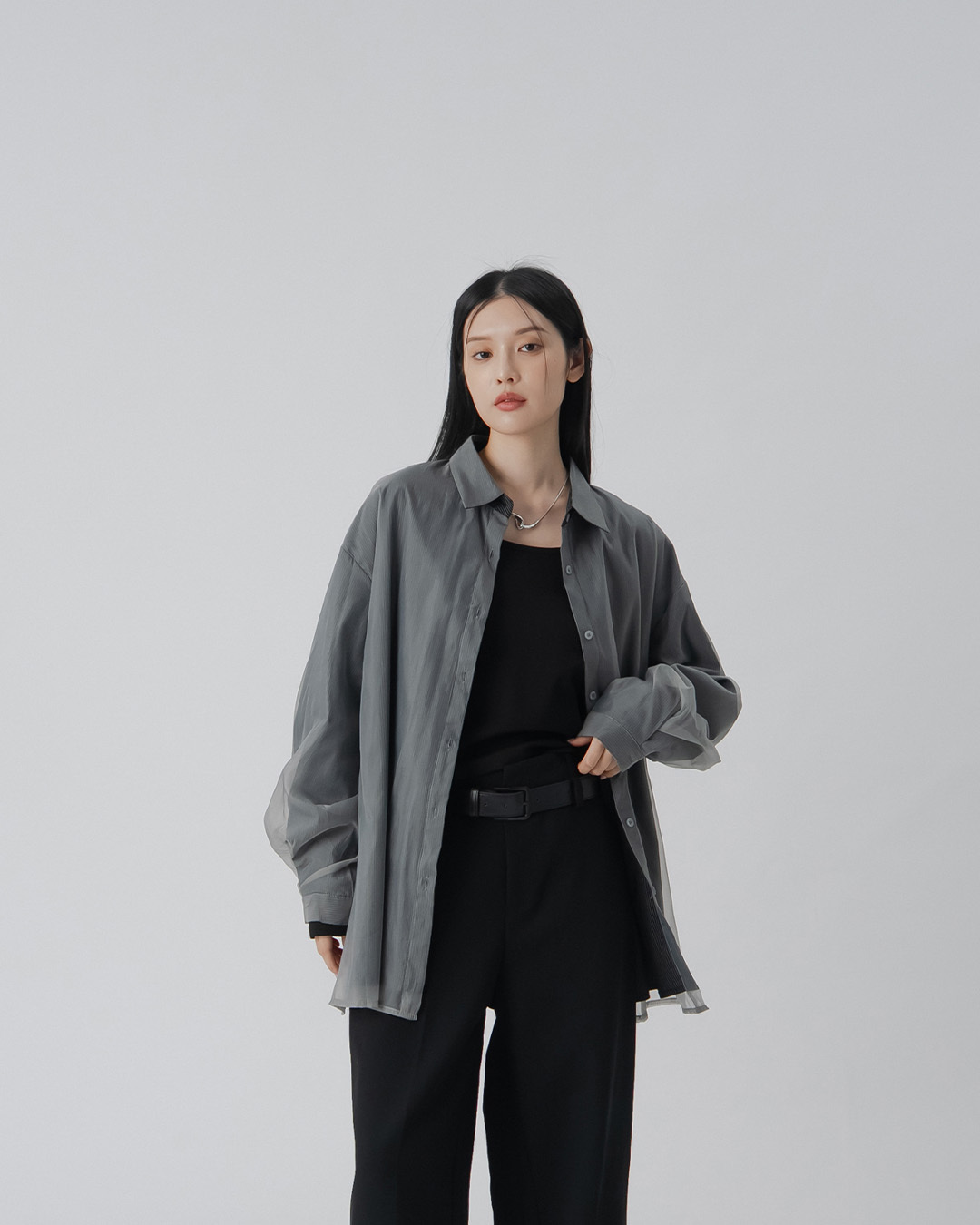 Double-layered sheer striped shirt - black【01025703】in stock+pre-order