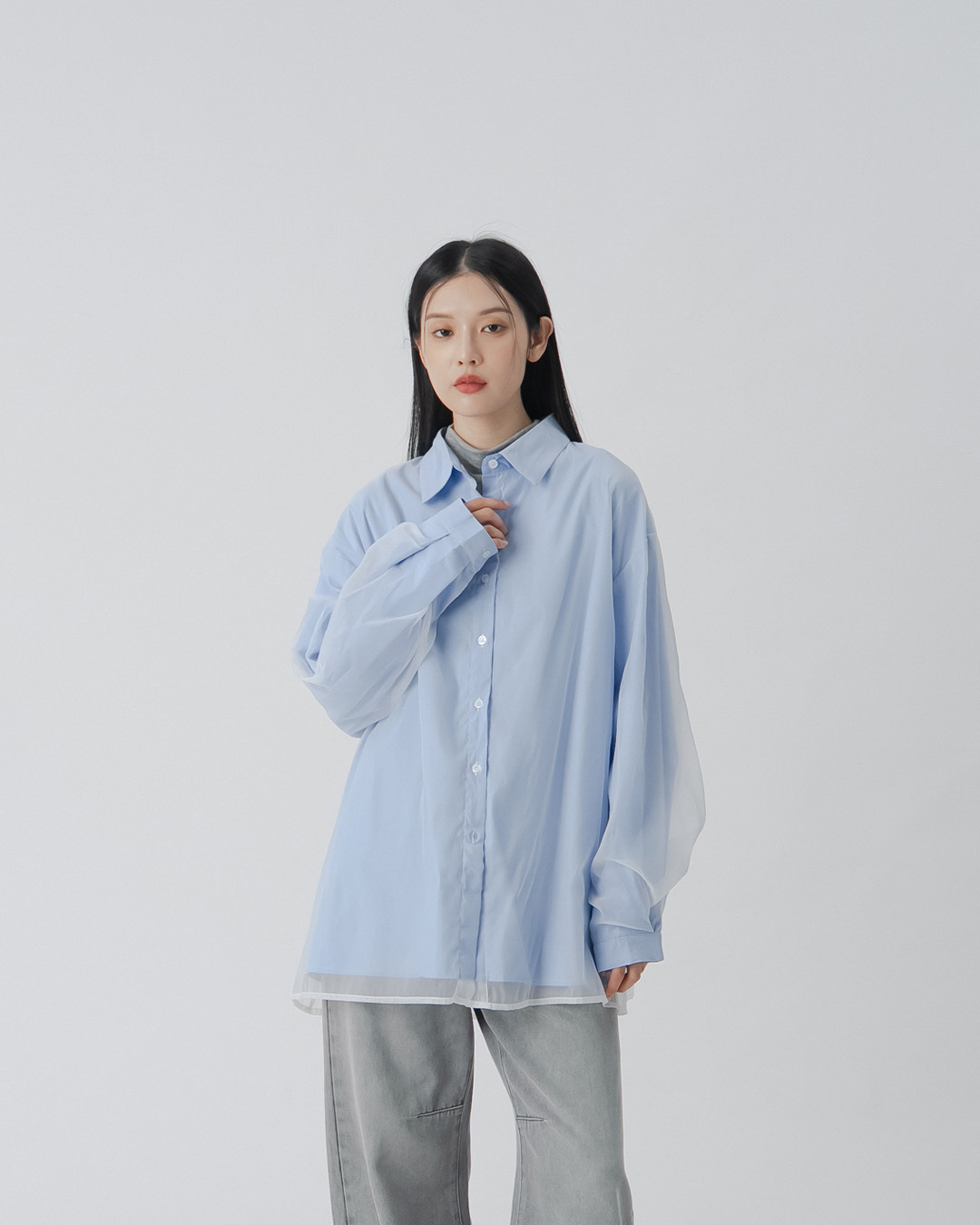 Double-layered sheer striped shirt - blue【01025702】in stock+pre-order