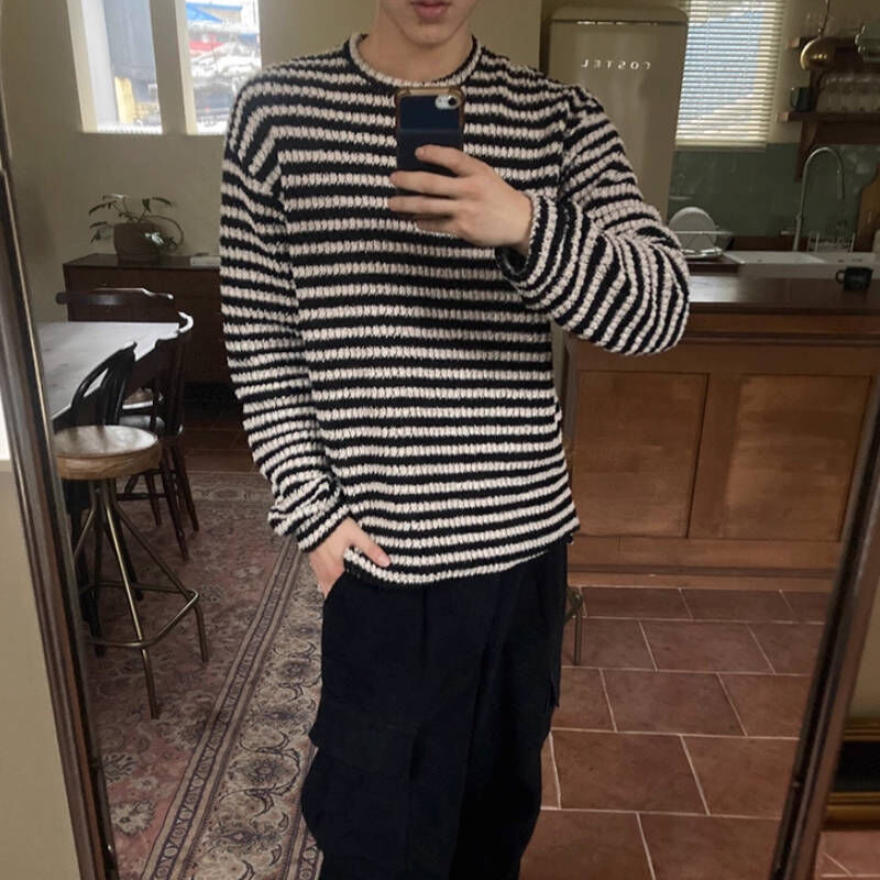韓版黑白條紋寬鬆圓領小香風針織毛衣