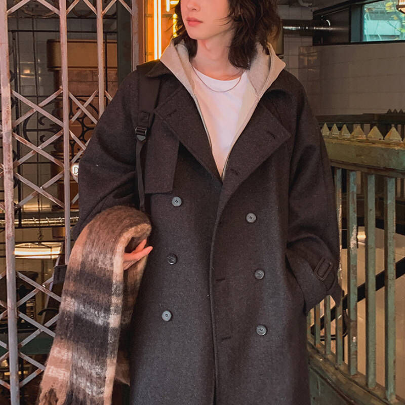 韓劇男主角高質感翻領雙排釦長版大衣