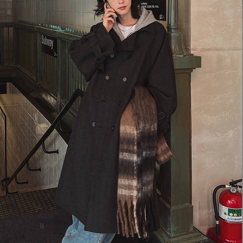 韓劇男主角高質感翻領雙排釦長版大衣