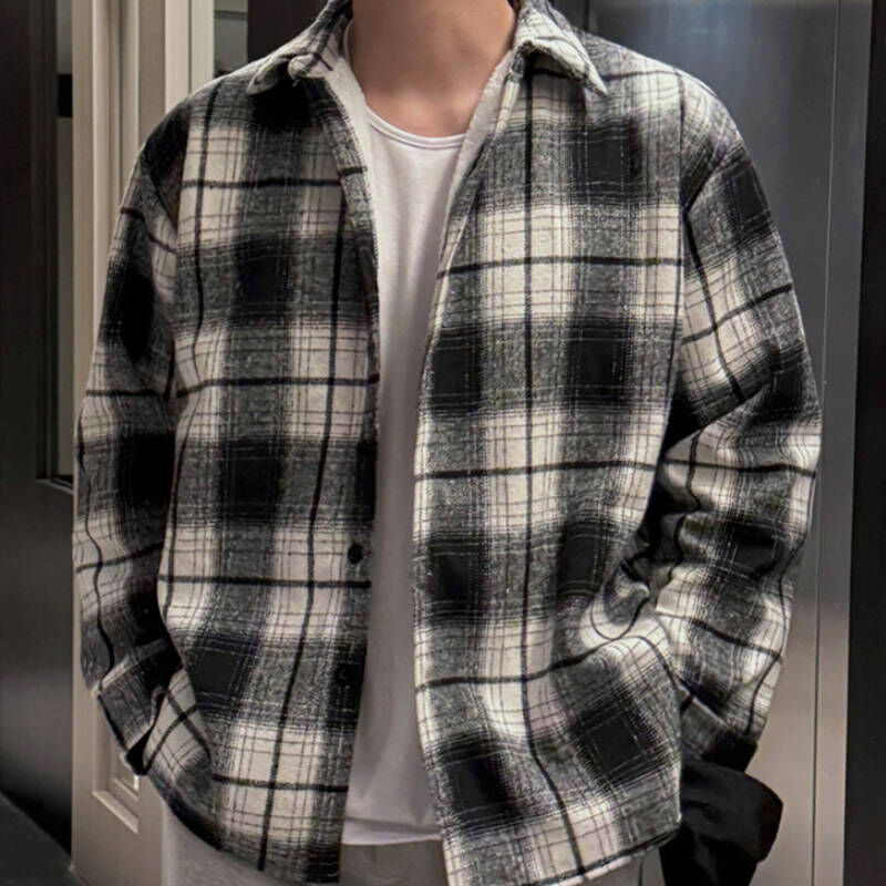 日系復古格紋加厚長袖襯衫外套