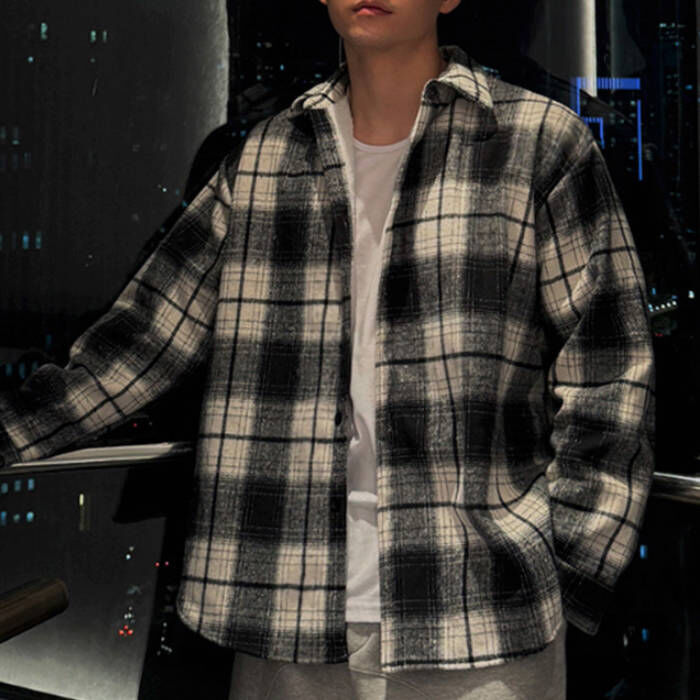 日系復古格紋加厚長袖襯衫外套