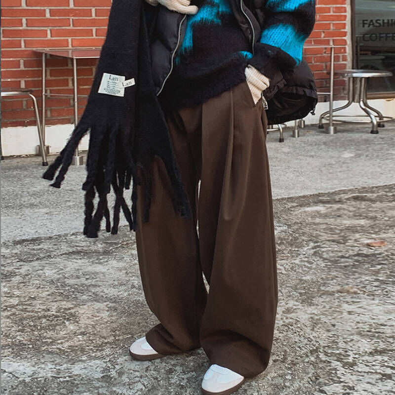 韓系深咖啡色復古墜感寬西裝拖地褲