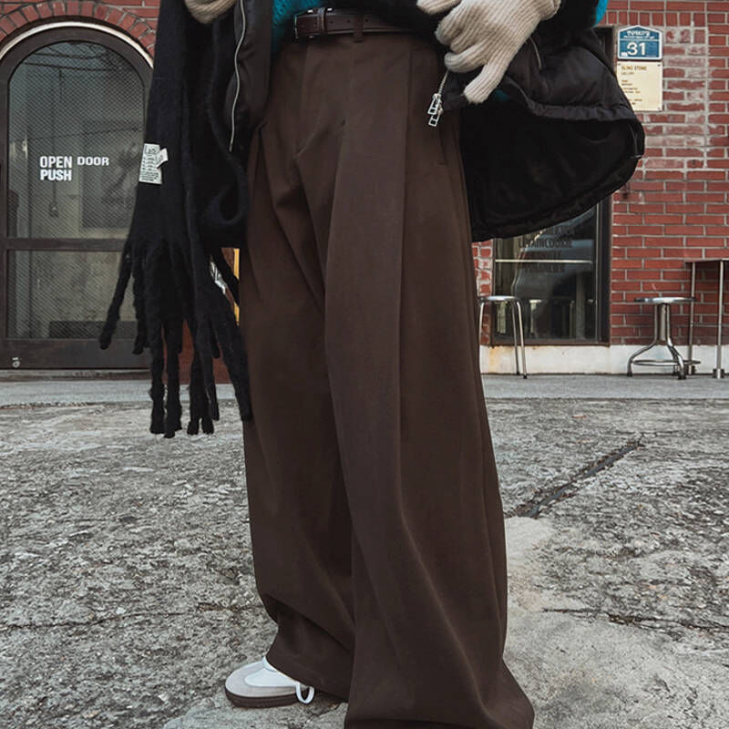 韓系深咖啡色復古墜感寬西裝拖地褲