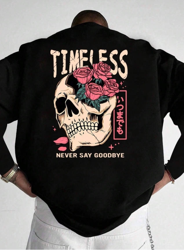 KADMAX大尺碼-秋冬長袖骷髏玫瑰印花大學TEE〈KSMS2631〉