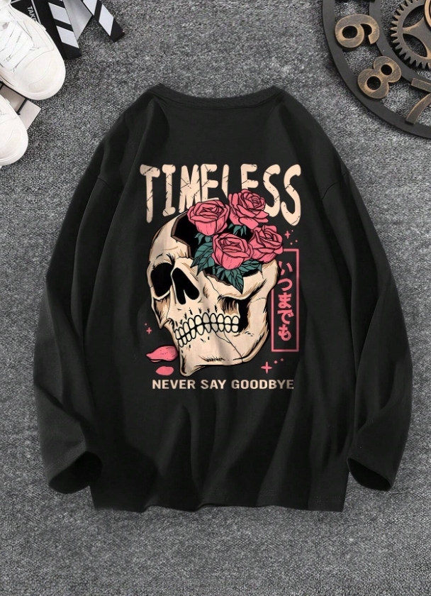 KADMAX大尺碼-秋冬長袖骷髏玫瑰印花大學TEE〈KSMS2631〉