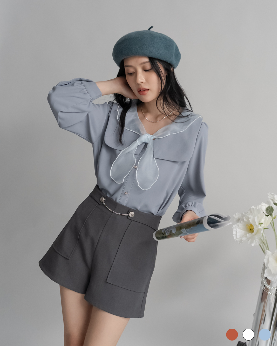 可愛透紗兔耳綁結雙層領上衣